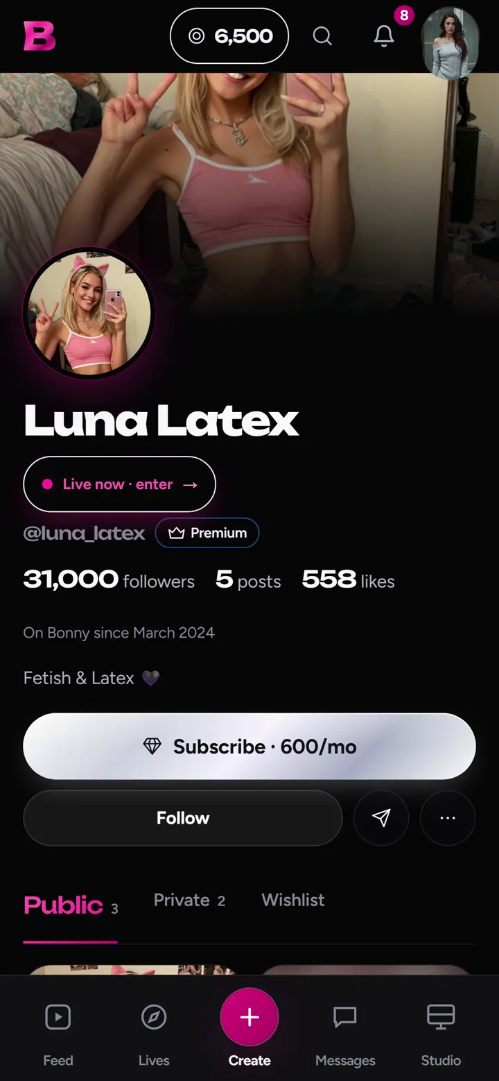 Real screenshot of a creator profile on Bonny