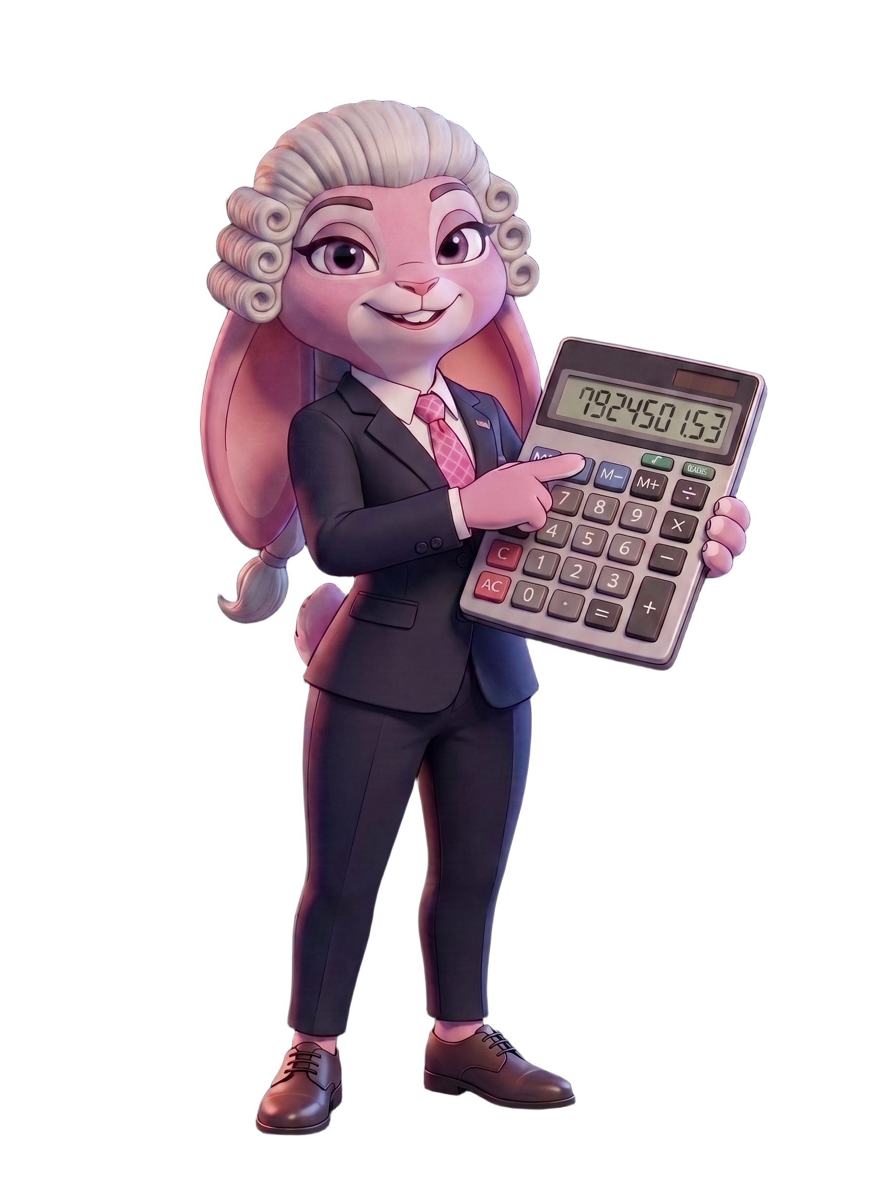 Bonny vestida de abogada fiscal, con traje y calculadora