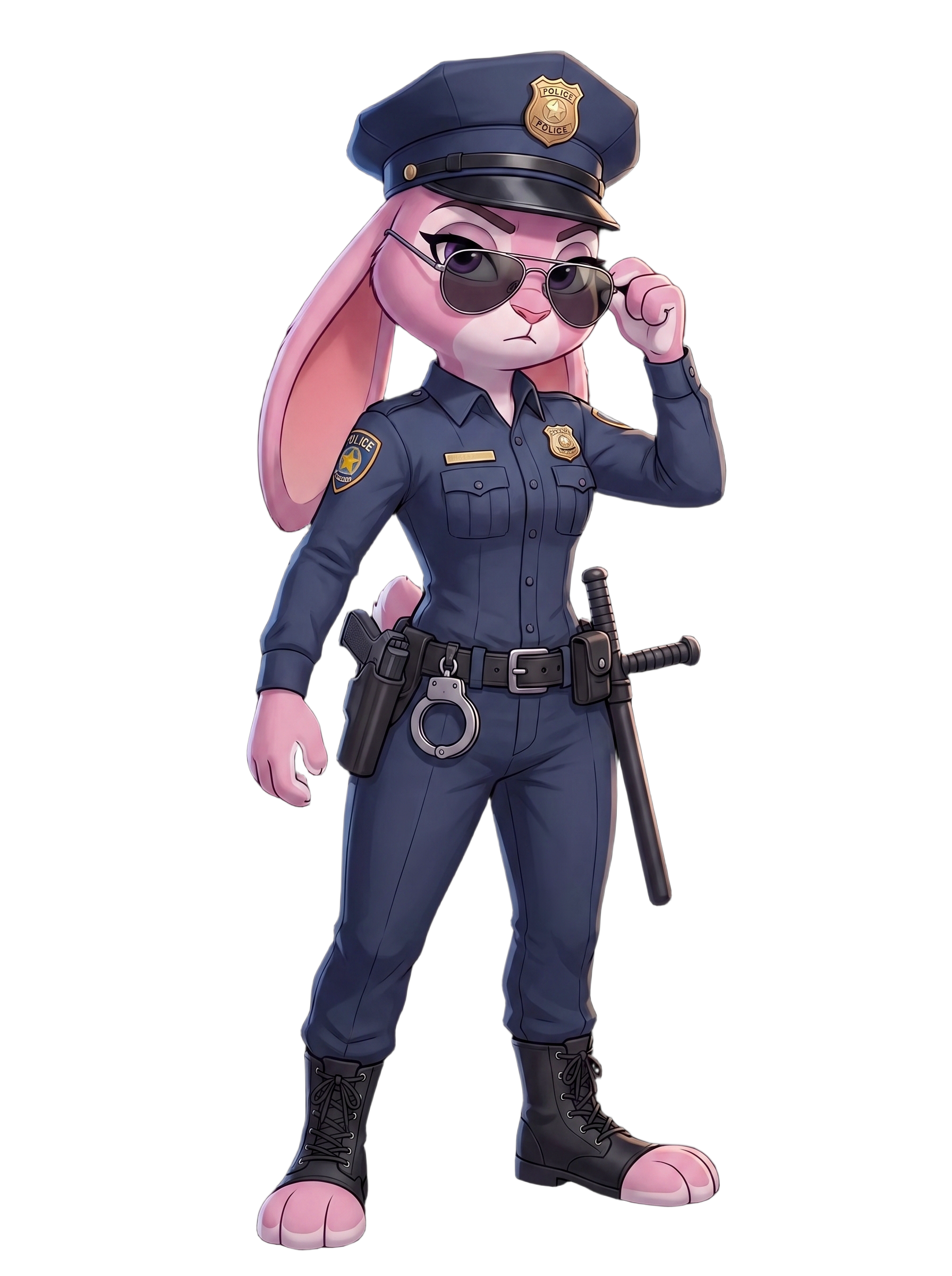 Bonny vestida de policía, protegiendo a las creadoras