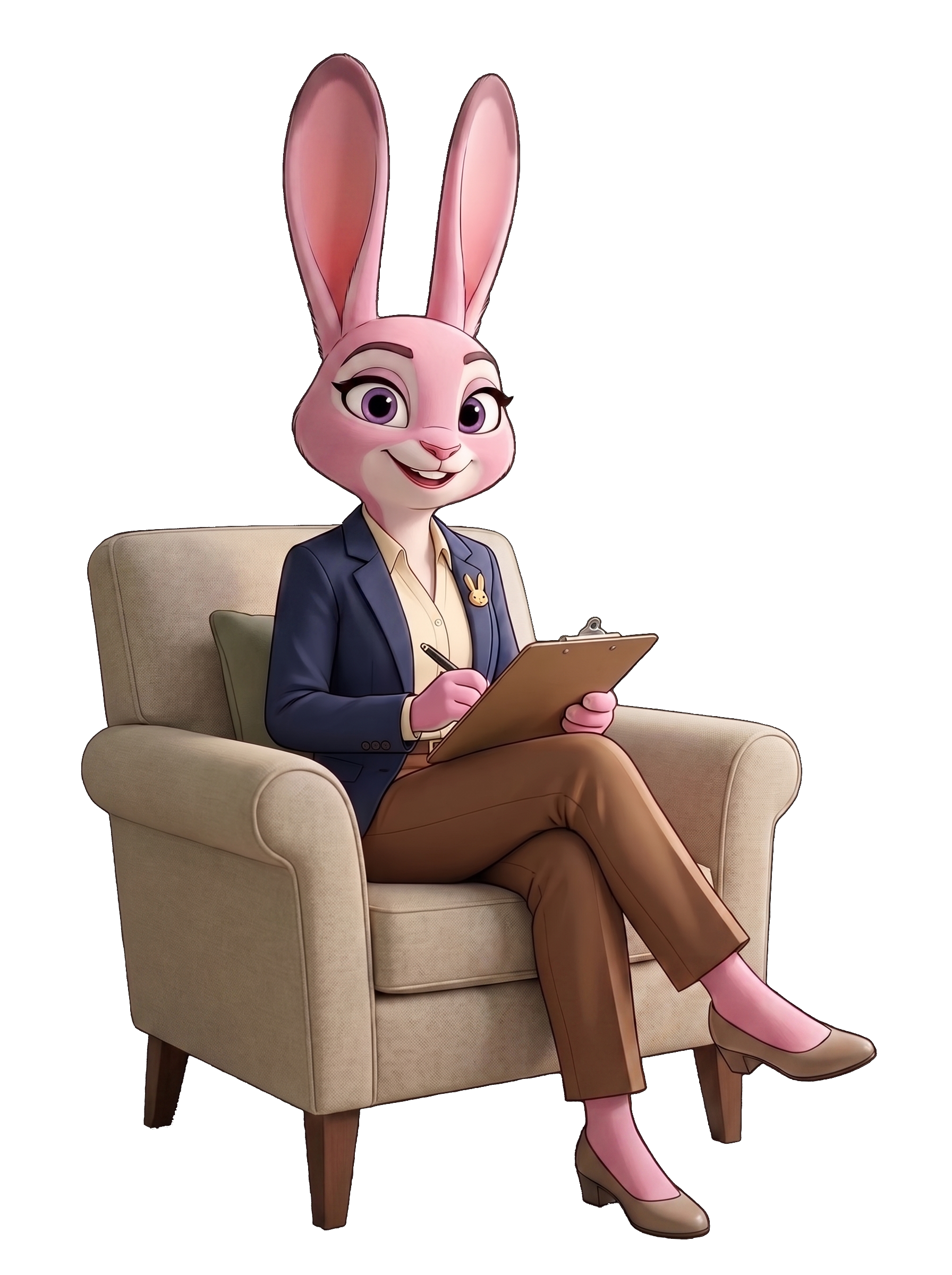 Bonny vestida de psicóloga, con gafas y libreta
